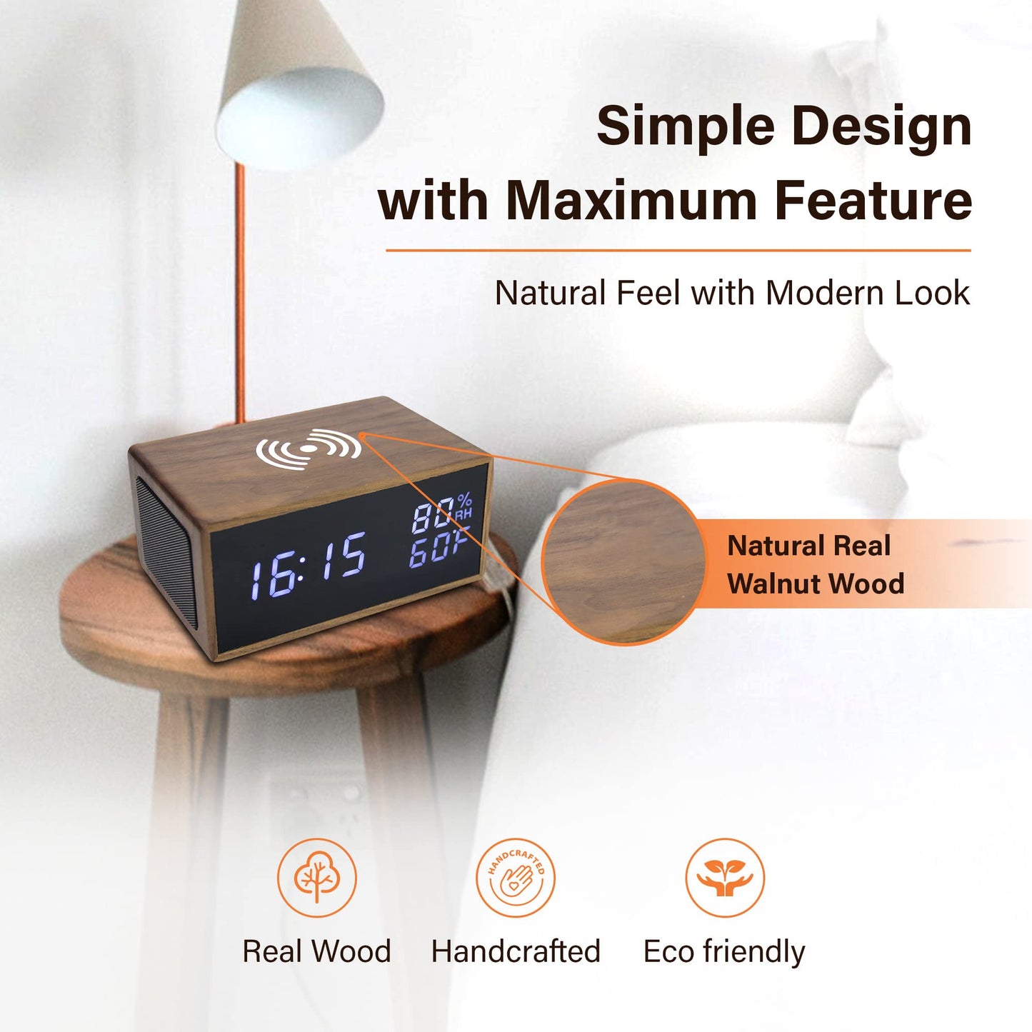 Digital Wooden Alarm Clock With Bluetooth Speaker, Wireless Charging For iphone