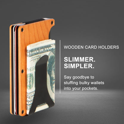Personalized Card Holder - Cherry Wooden Engraved Design Minimalist Wallet for Men with Money Clip