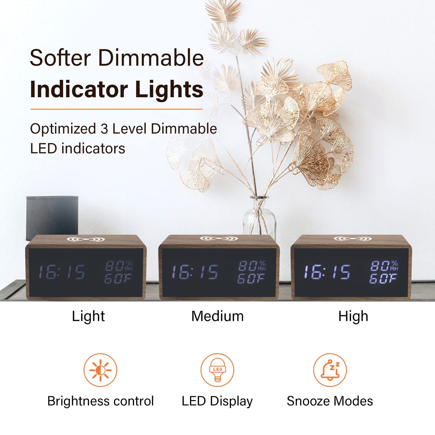 Digital Wooden Alarm Clock With Bluetooth Speaker, Wireless Charging For iphone