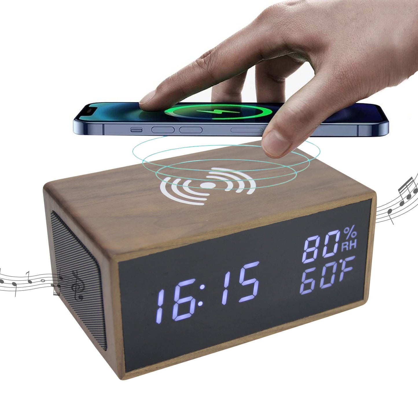 Digital Wooden Alarm Clock With Bluetooth Speaker, Wireless Charging For iphone