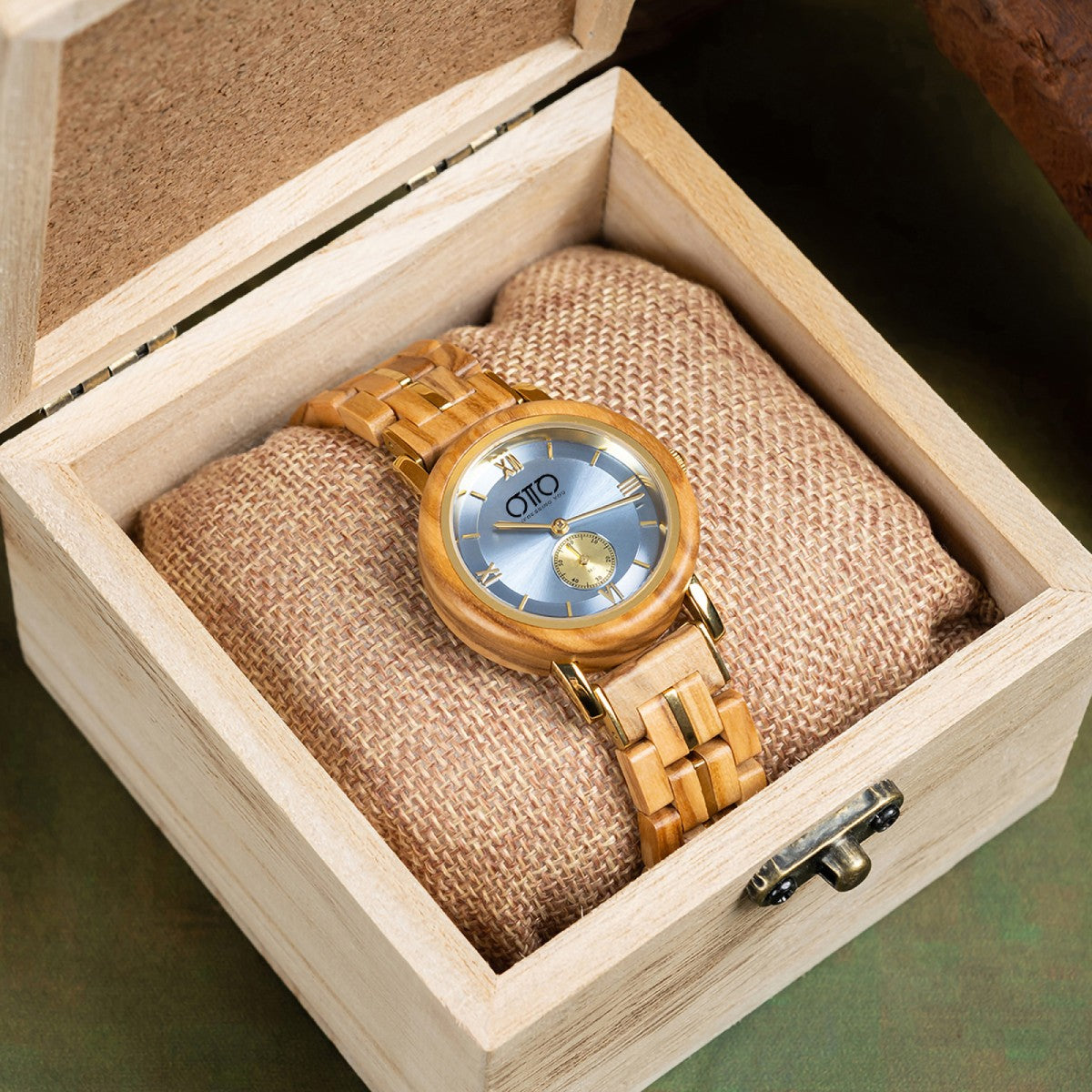 OTTO Wood Watch - Olivewood and Stainless Steel Chronograph Round Dial Wooden Watch - GT126-3A