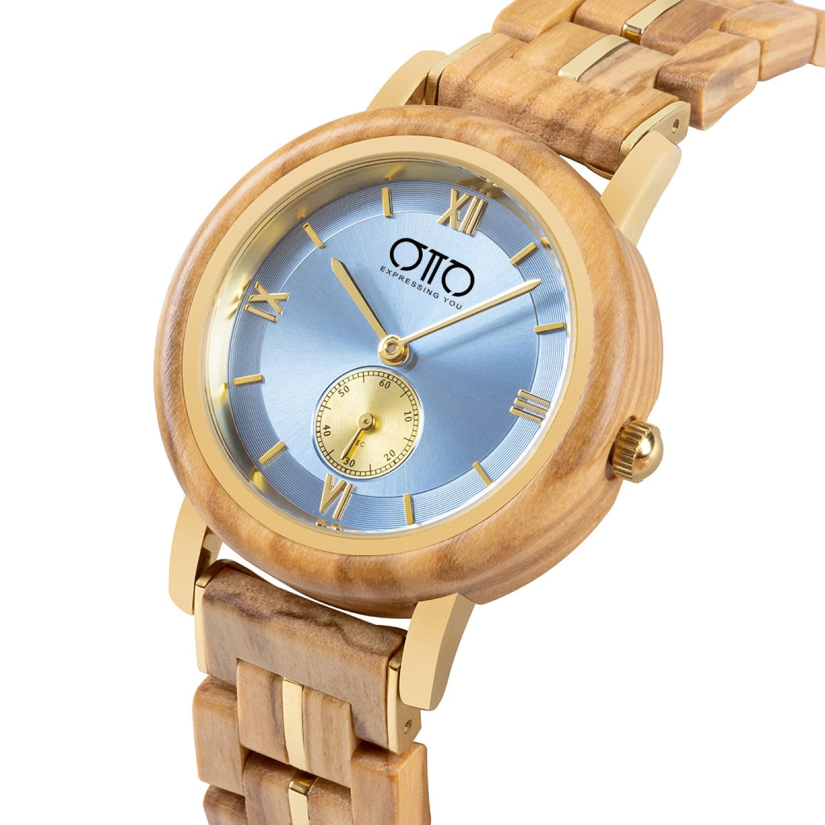 OTTO Wood Watch - Olivewood and Stainless Steel Chronograph Round Dial Wooden Watch - GT126-3A