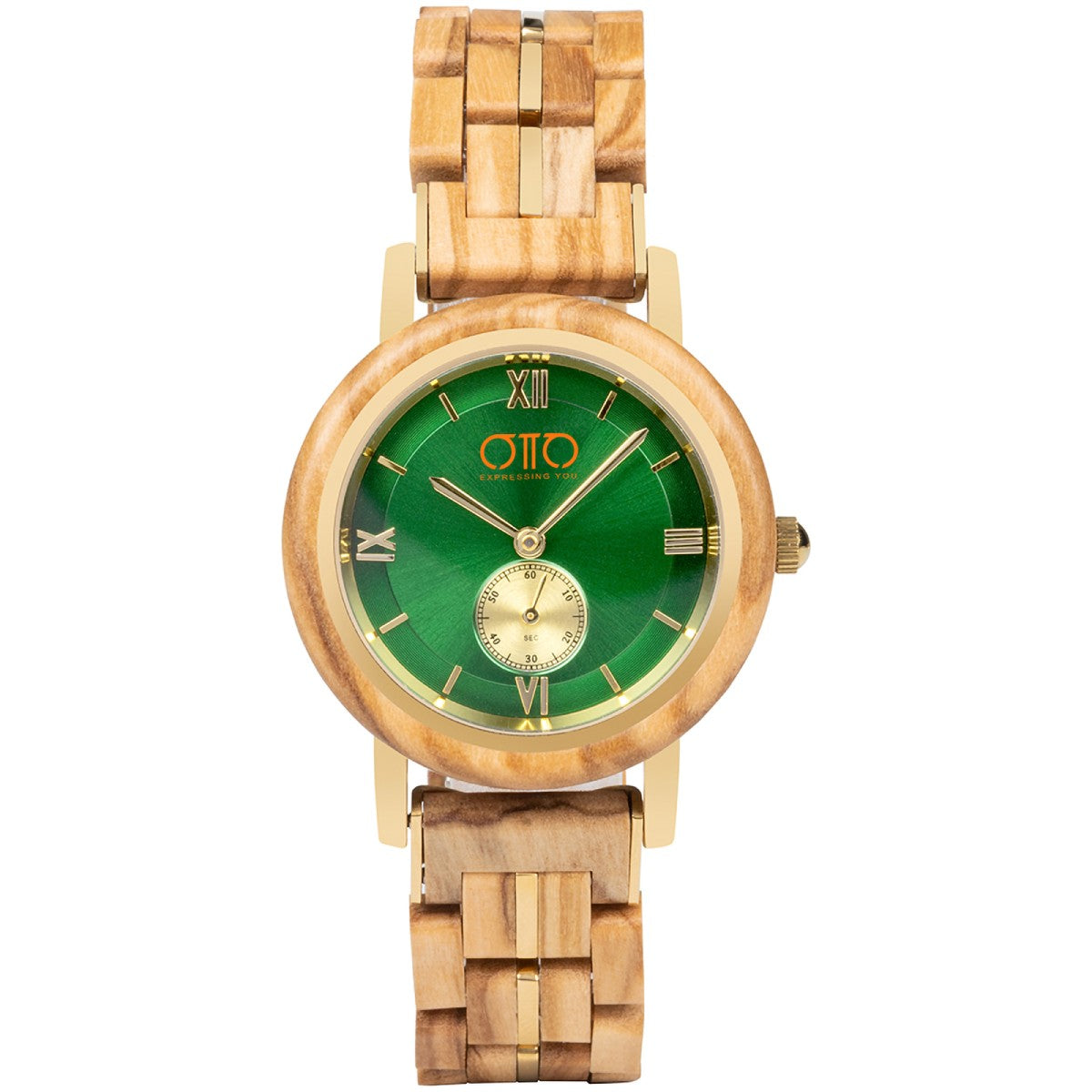 OTTO Wood Watch - Olivewood and Stainless Steel Green Round Dial Wooden Watch - GT126-4A