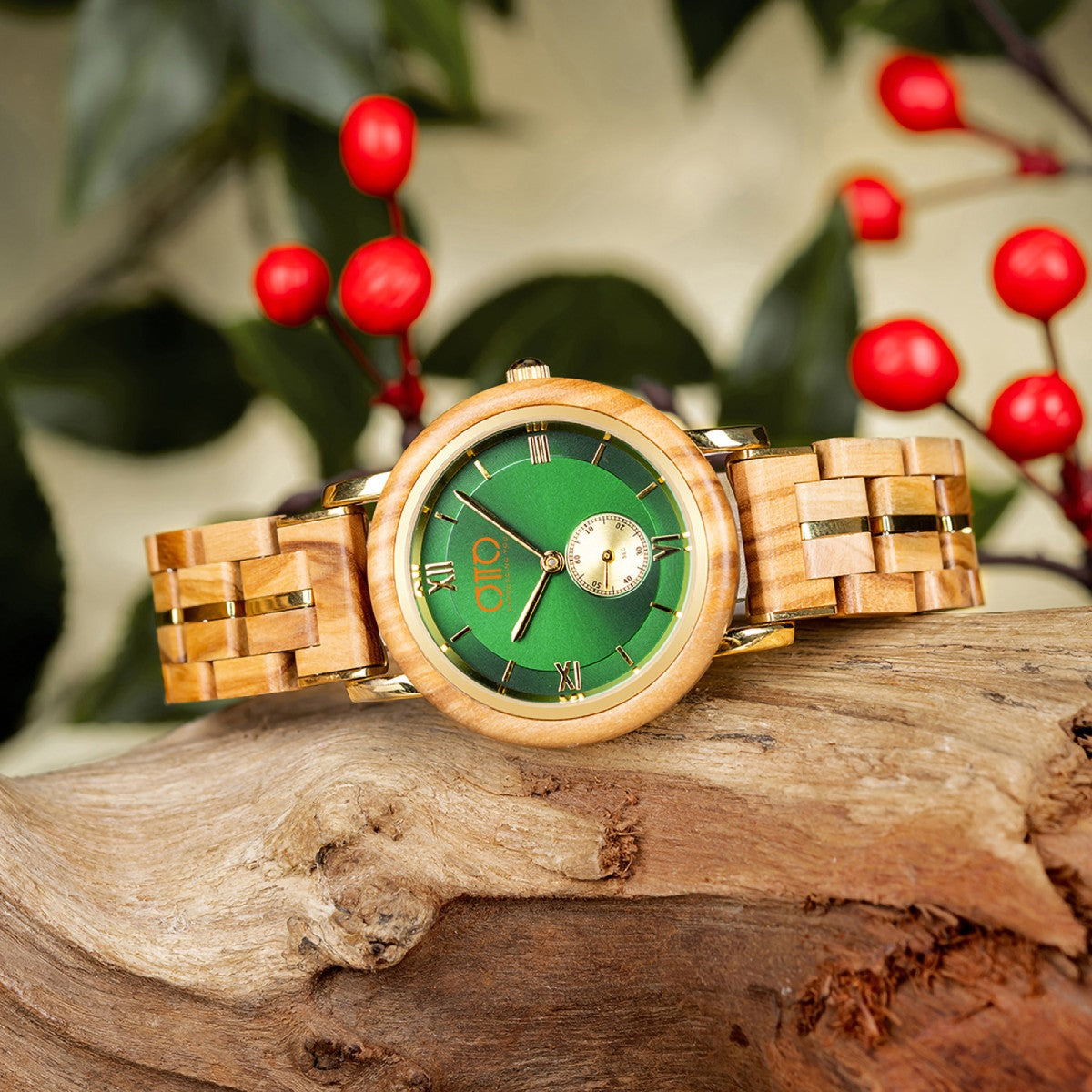 OTTO Wood Watch - Olivewood and Stainless Steel Green Round Dial Wooden Watch - GT126-4A