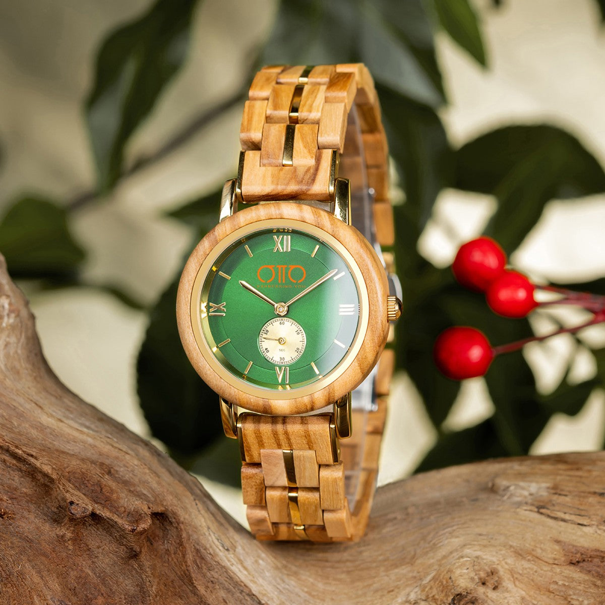 OTTO Wood Watch - Olivewood and Stainless Steel Green Round Dial Wooden Watch - GT126-4A