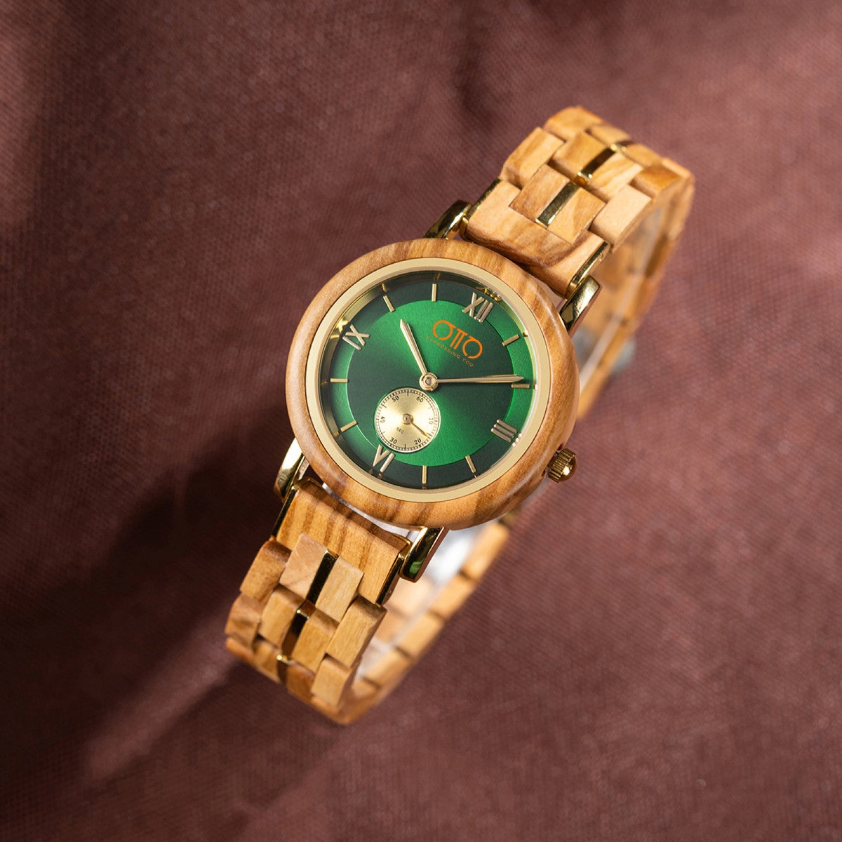 OTTO Wood Watch - Olivewood and Stainless Steel Green Round Dial Wooden Watch - GT126-4A