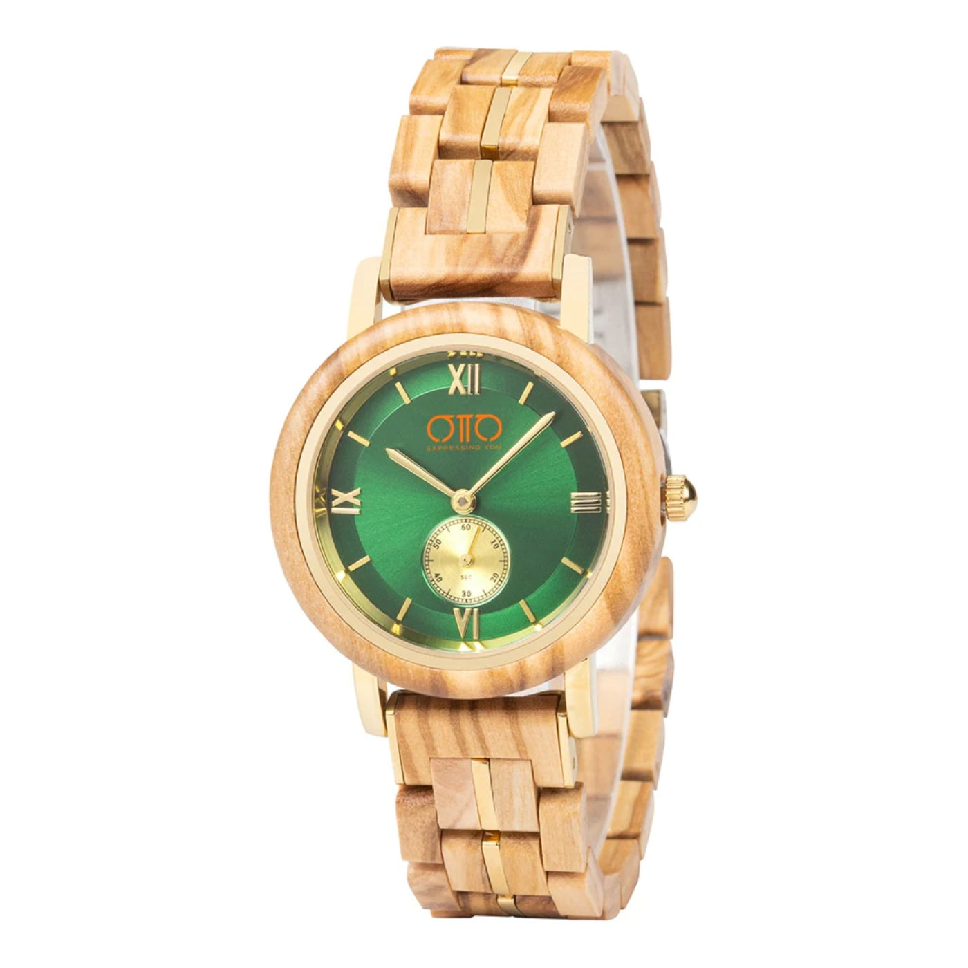 OTTO Wood Watch - Olivewood and Stainless Steel Green Round Dial Wooden Watch - GT126-4A