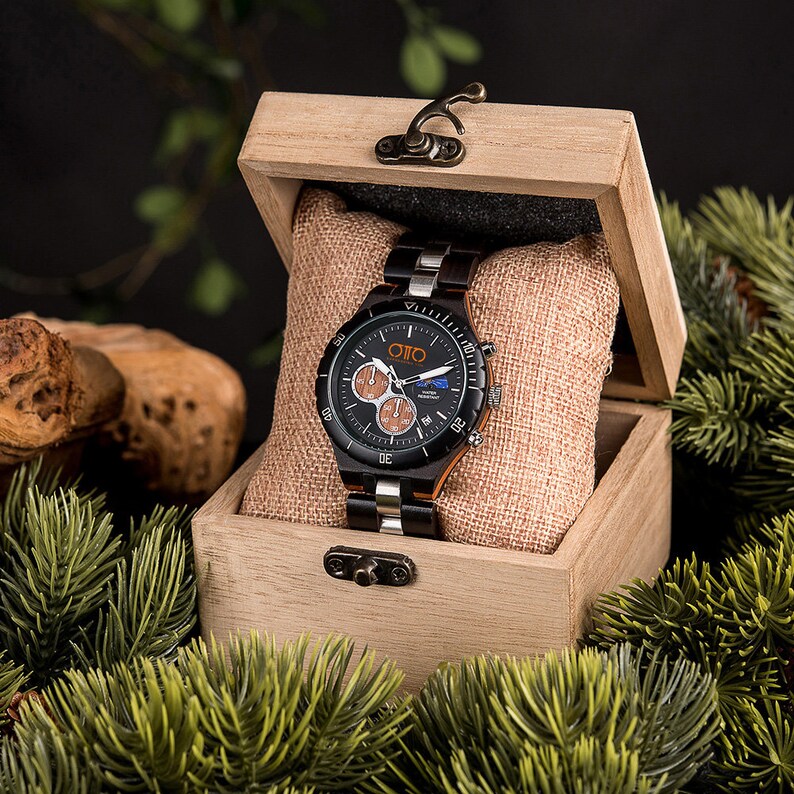 Men's Ebony and Metal Chronograph Wooden Watch - 3ATM Waterproof - Anniversary Gift For him