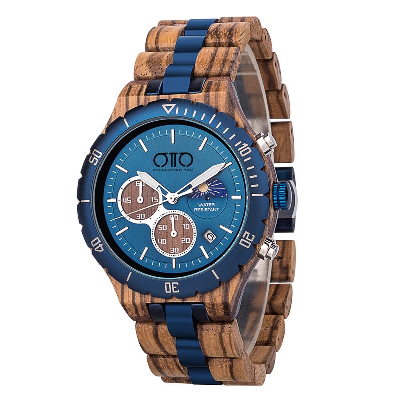 Men's Ebony and Metal Chronograph Wooden Watch - 3ATM Waterproof - Anniversary Gift For him