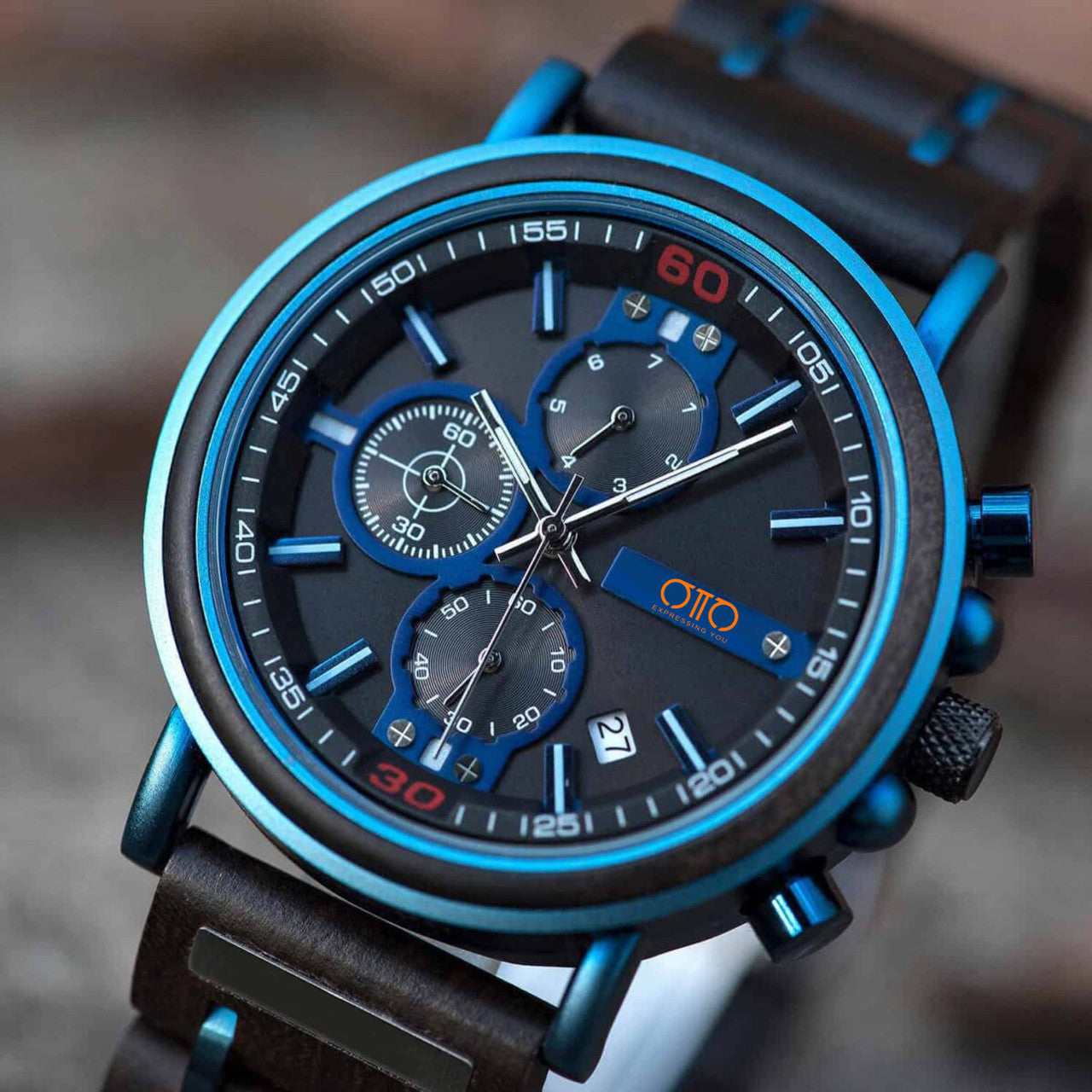 OTTO Wood Watch - Natural Ebony and Blue Stainless Steel Men’s Wooden Chronograph Watch – Kay S18-6
