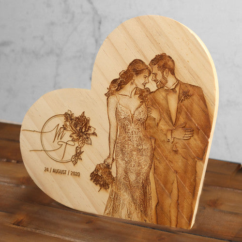 8X8" Heart Wood Block - Personalized Photo Engraved Wood Block | Wedding & Anniversary Gift