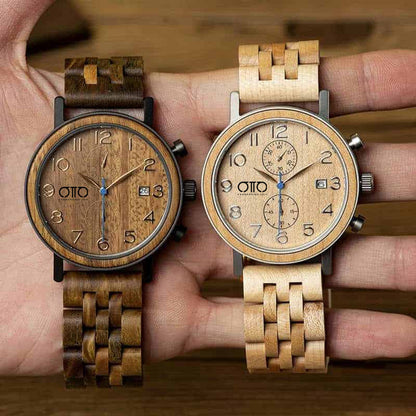 OTTO Wood Watch - Men’s Classic Handmade Maple Wooden Watch Natural Wooden Dial with Date Display Chronograph Watches - Socrates S08-3