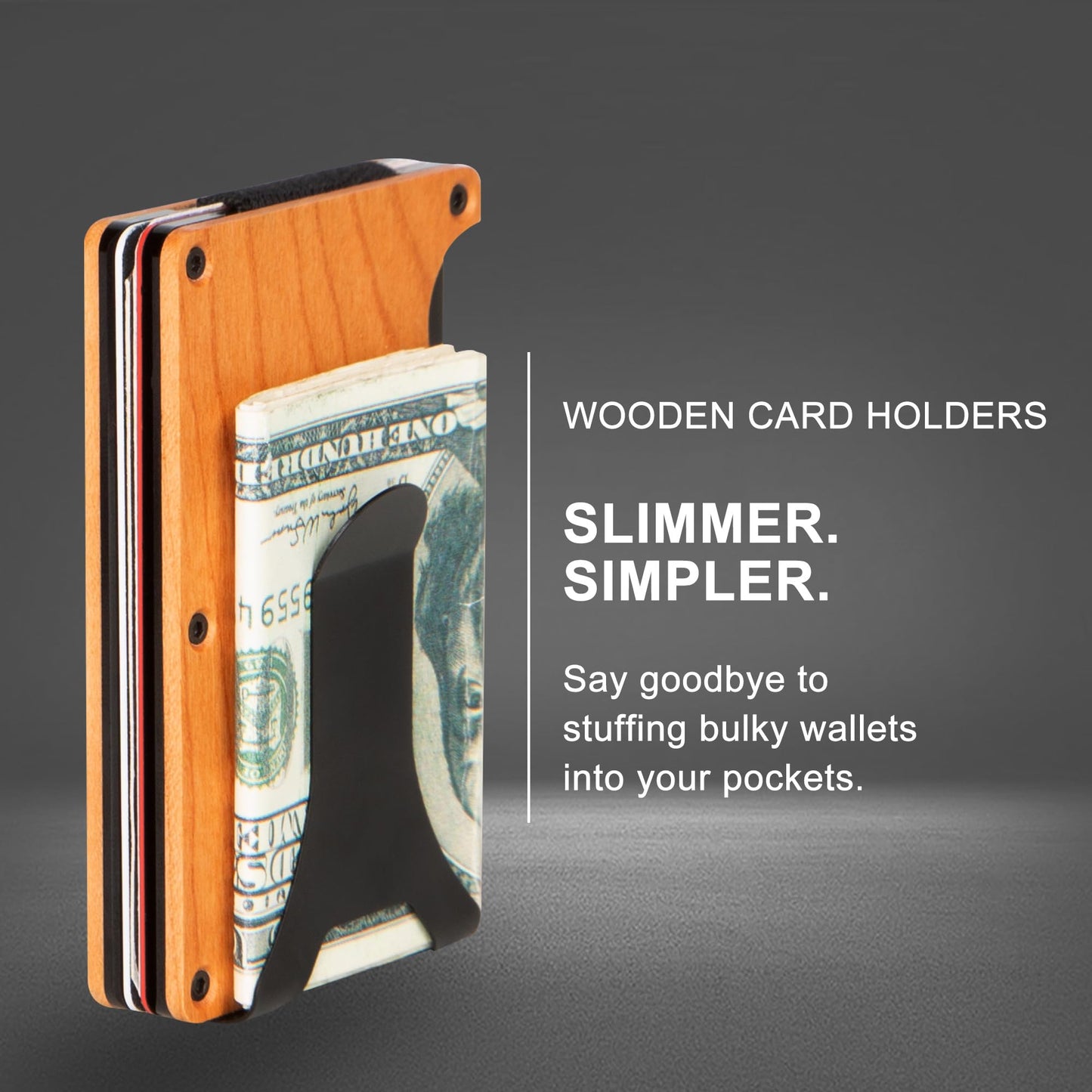 Personalized Card Holder - Cherry Wooden Engraved Design Minimalist Wallet for Men with Money Clip