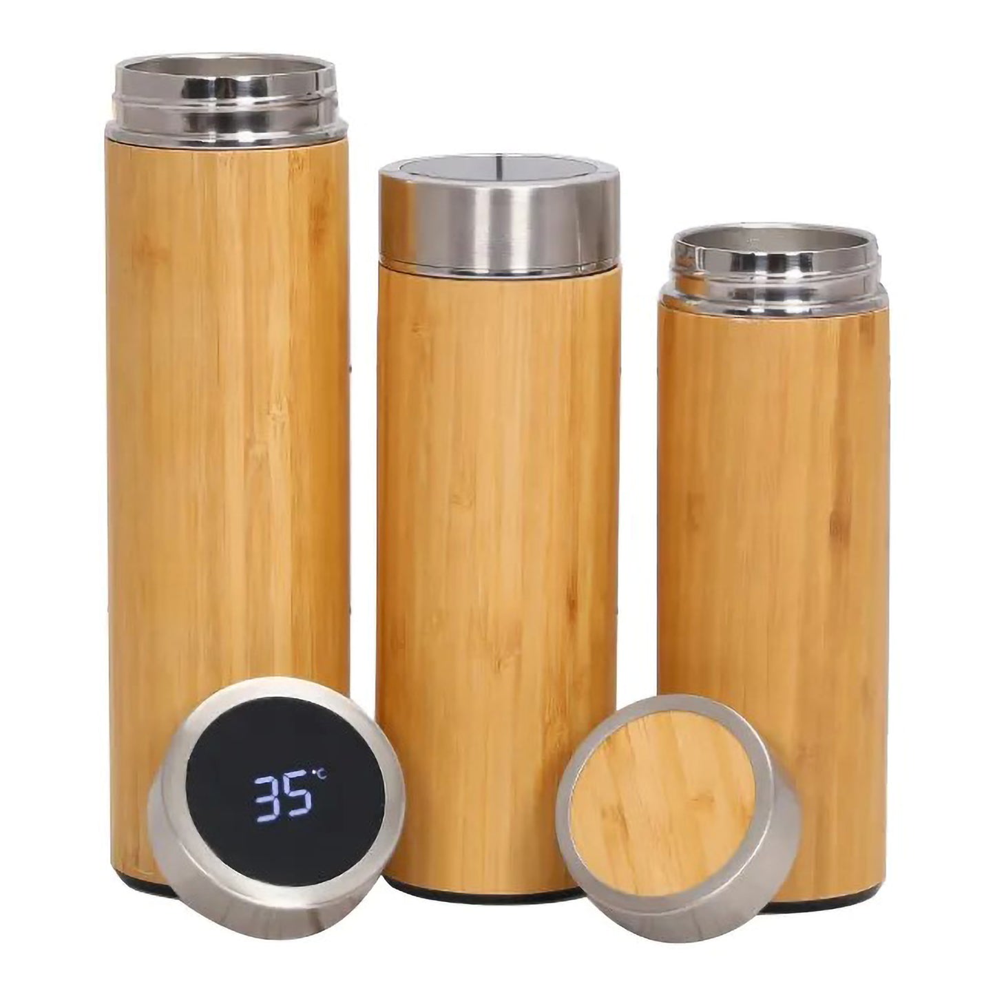 Temperature Display Double Walled Bamboo Insulated Smart Thermos Water Bottle Vacuum Flask