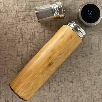 Temperature Display Double Walled Bamboo Insulated Smart Thermos Water Bottle Vacuum Flask