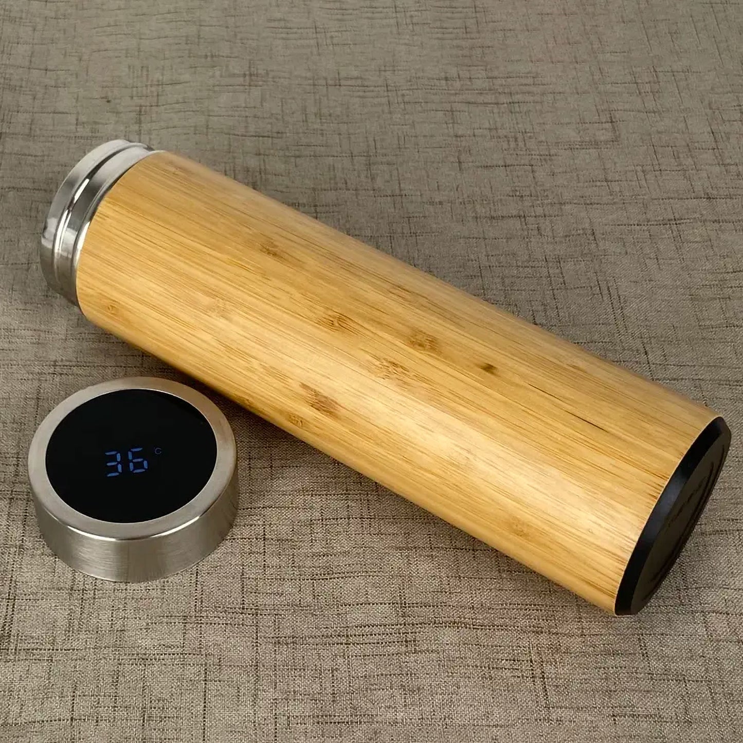 Temperature Display Double Walled Bamboo Insulated Smart Thermos Water Bottle Vacuum Flask