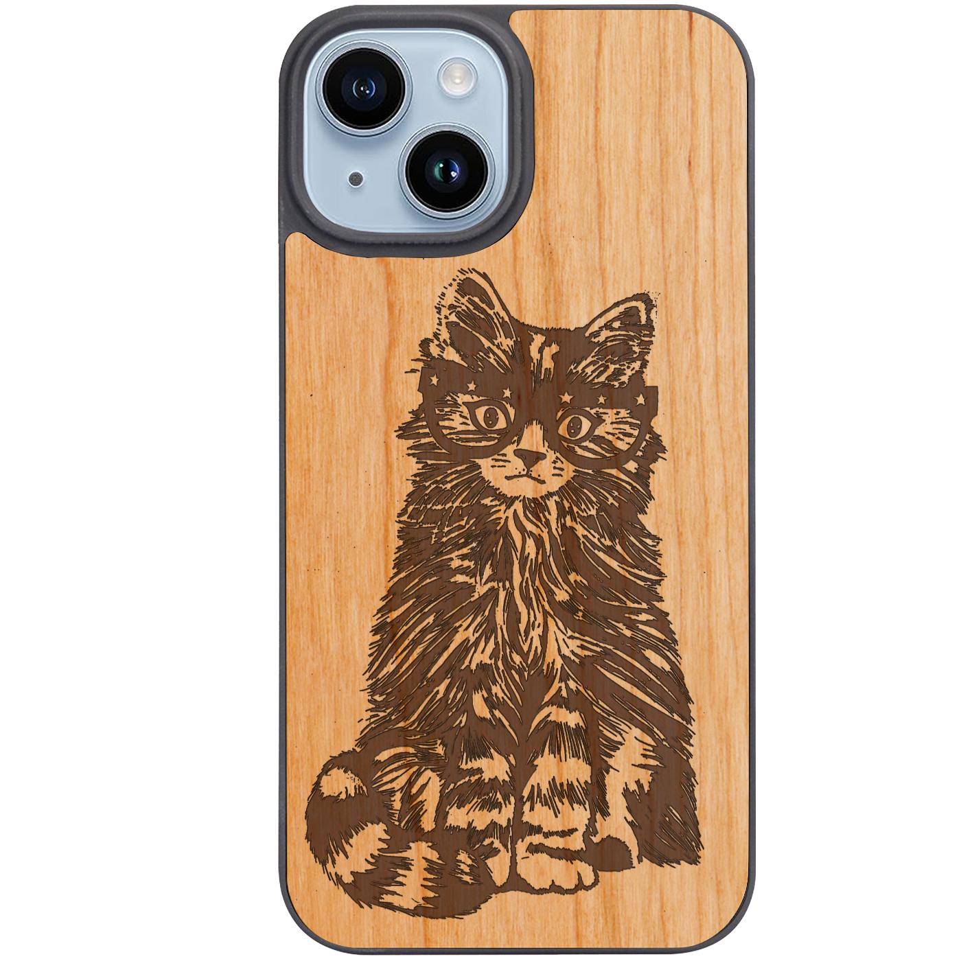 Fluffy Cat with Glasses - Engraved Phone Case
