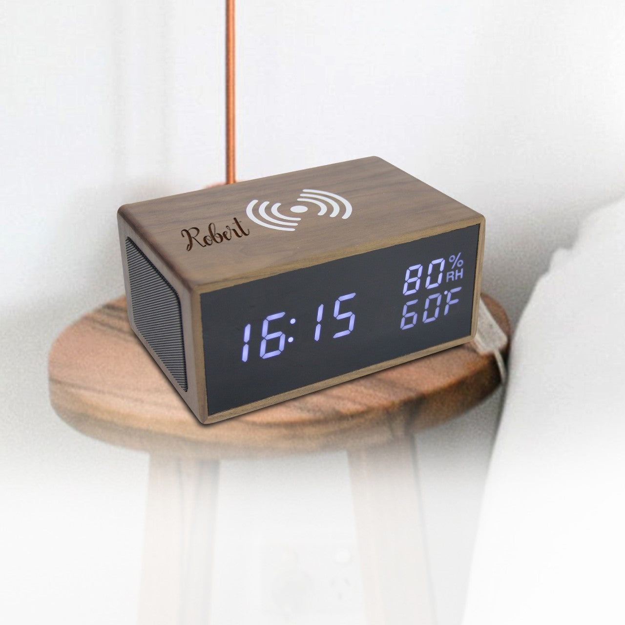 Custom Wooden Alarm Clock With Bluetooth Speaker, Wireless Charging For iphone