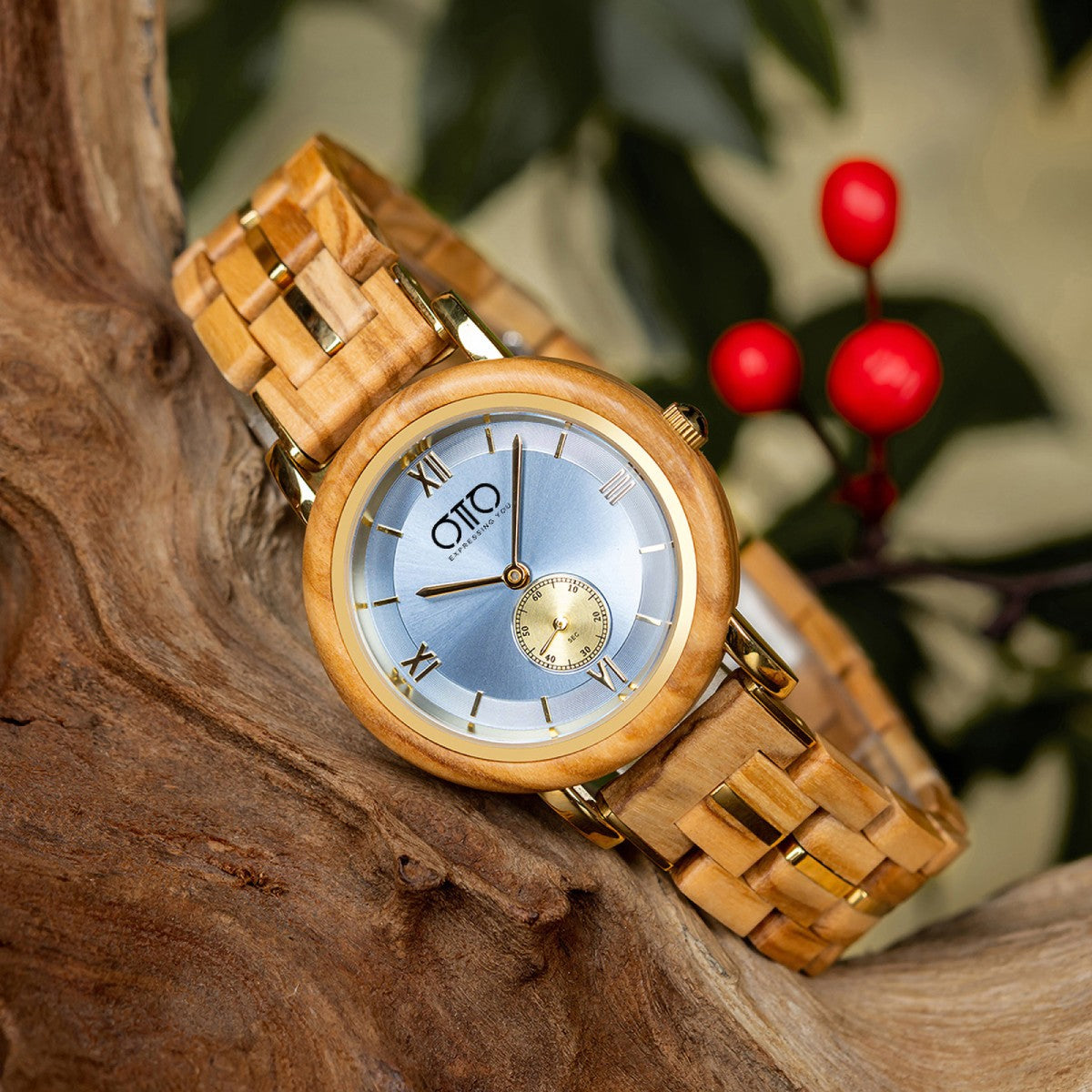 OTTO Wood Watch - Olivewood and Stainless Steel Chronograph Round Dial Wooden Watch - GT126-3A