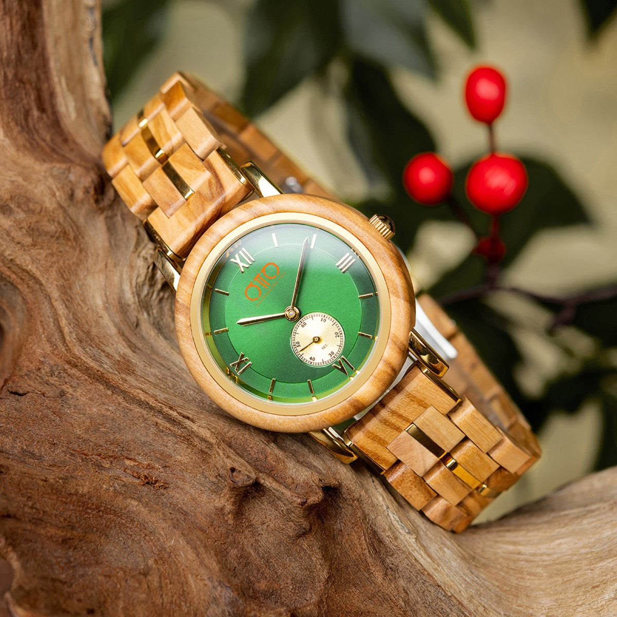 OTTO Wood Watch - Olivewood and Stainless Steel Green Round Dial Wooden Watch - GT126-4A