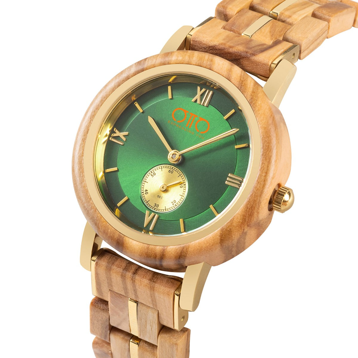 OTTO Wood Watch - Olivewood and Stainless Steel Green Round Dial Wooden Watch - GT126-4A