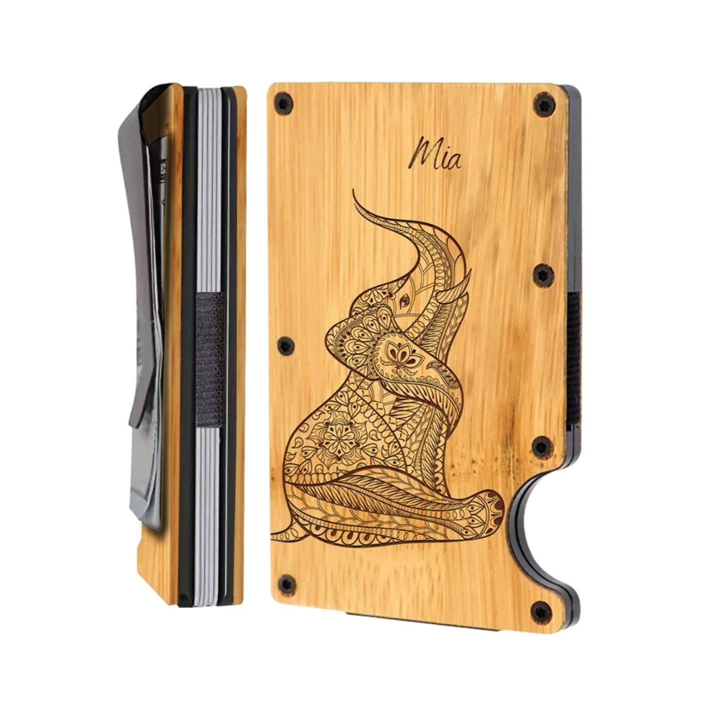 Personalized Card Holder - Baby Elephant - Wooden Slim Wallet For Men