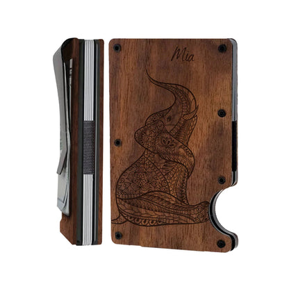 Personalized Card Holder - Baby Elephant - Wooden Slim Wallet For Men