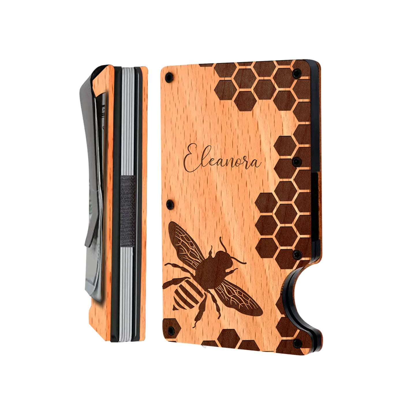 Personalized Card Holder - Bee Honeycomb - Wooden Slim Wallet For Men