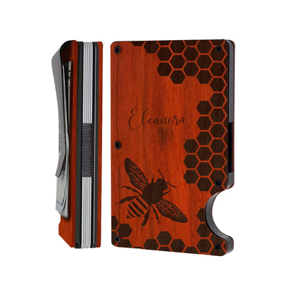 Personalized Card Holder - Bee Honeycomb - Wooden Slim Wallet For Men