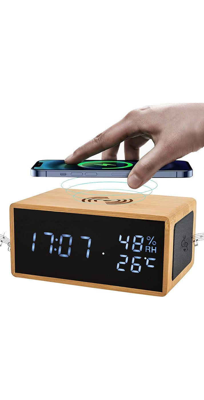 Wood Digital Alarm Clock with iPhone Charger and Bluetooth Speaker