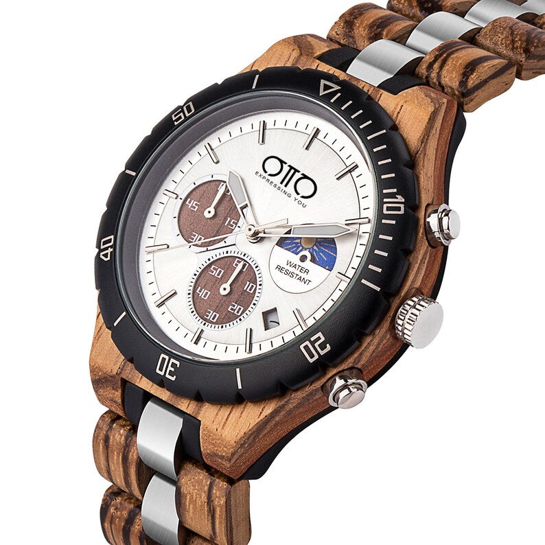Men's Ebony and Metal Chronograph Wooden Watch - 3ATM Waterproof - Anniversary Gift For him