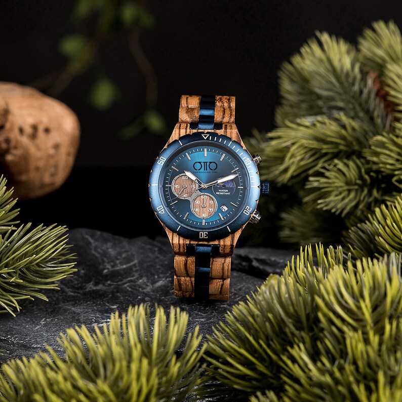 Men's Ebony and Metal Chronograph Wooden Watch - 3ATM Waterproof - Anniversary Gift For him