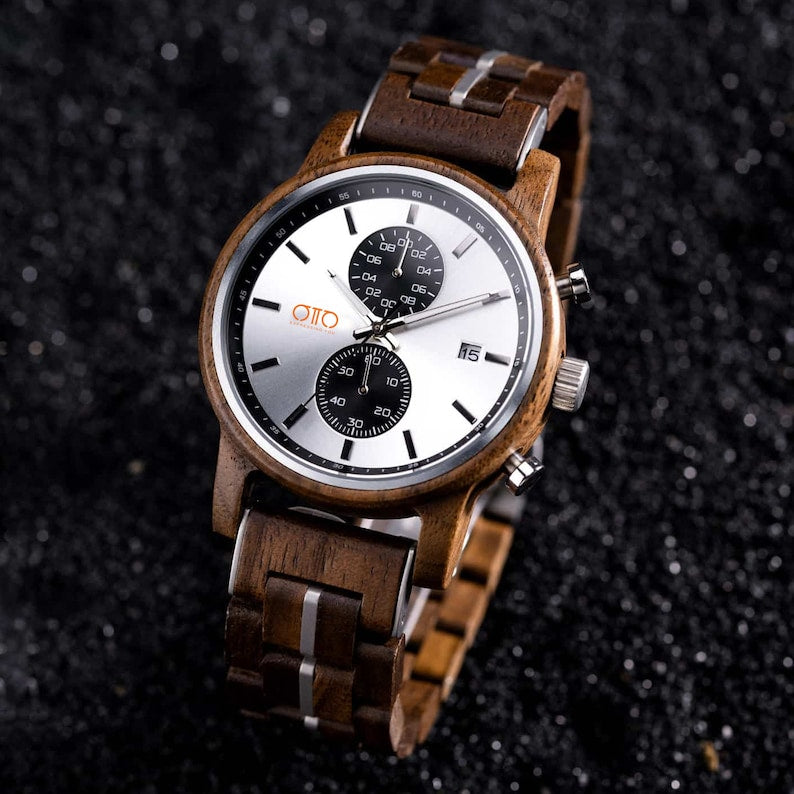 Men's Wooden and Stainless Steel Watch - Chronograph quartz movement - 3ATM Waterproof - Anniversary Gift for Him
