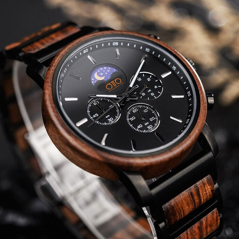 Men s Wooden and Stainless Steel Watch Quality Quartz Movement 3AT