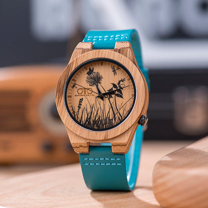 OTTO Bamboo Blue Wood Watch - Wooden Wristwatch for Men / Women (Genuine Leather Strap, Japanese Quartz Movement)
