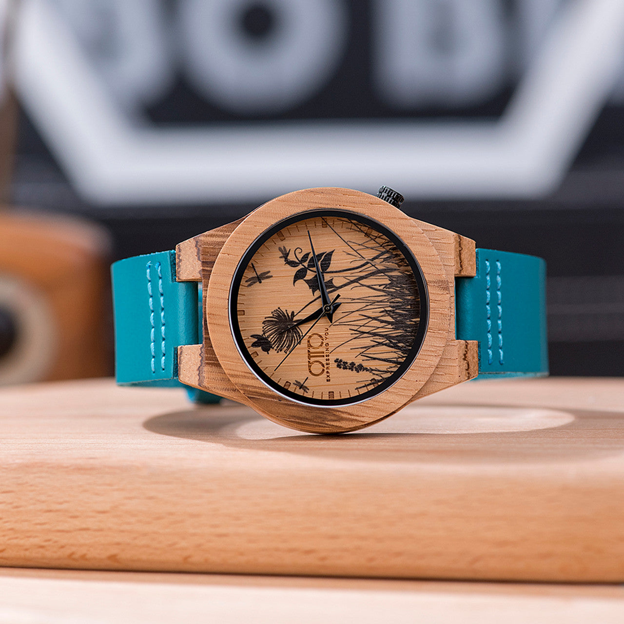 OTTO Bamboo Blue Wood Watch - Wooden Wristwatch for Men / Women (Genuine Leather Strap, Japanese Quartz Movement)