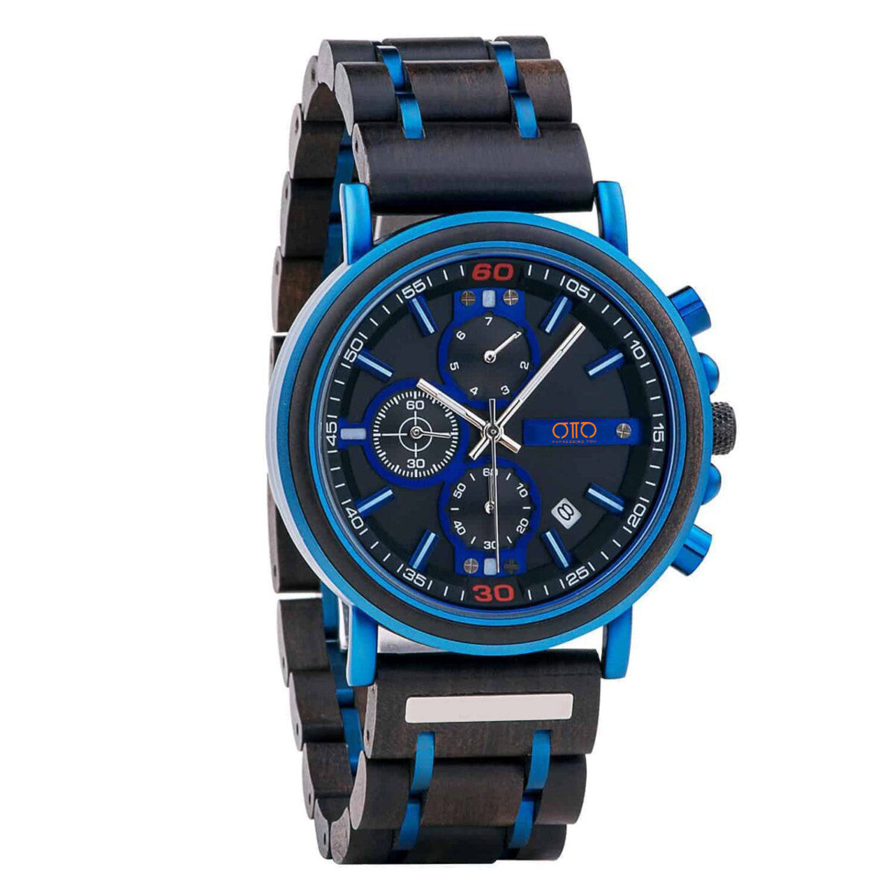OTTO Wood Watch - Natural Ebony and Blue Stainless Steel Men’s Wooden Chronograph Watch – Kay S18-6