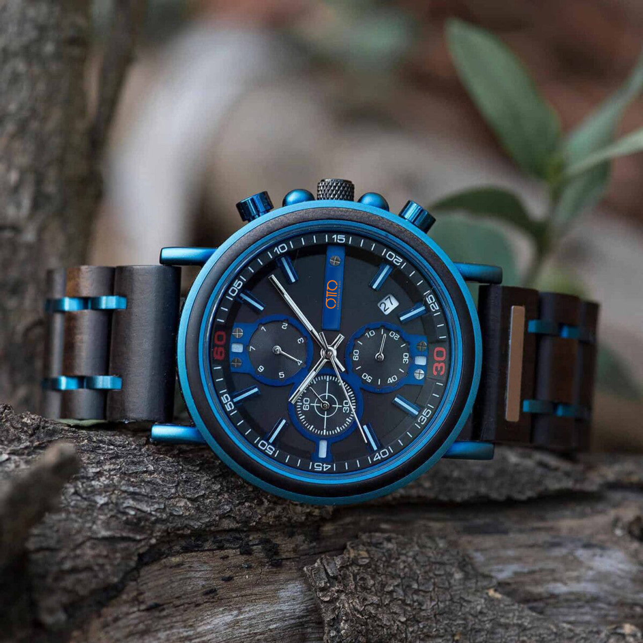 OTTO Wood Watch - Natural Ebony and Blue Stainless Steel Men’s Wooden Chronograph Watch – Kay S18-6