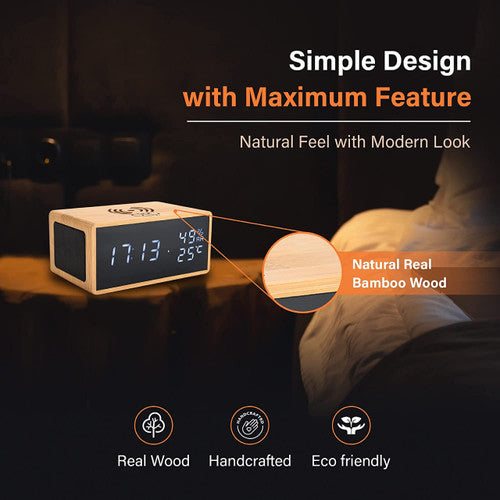 Digital Wooden Alarm Clock With Bluetooth Speaker, Wireless Charging F