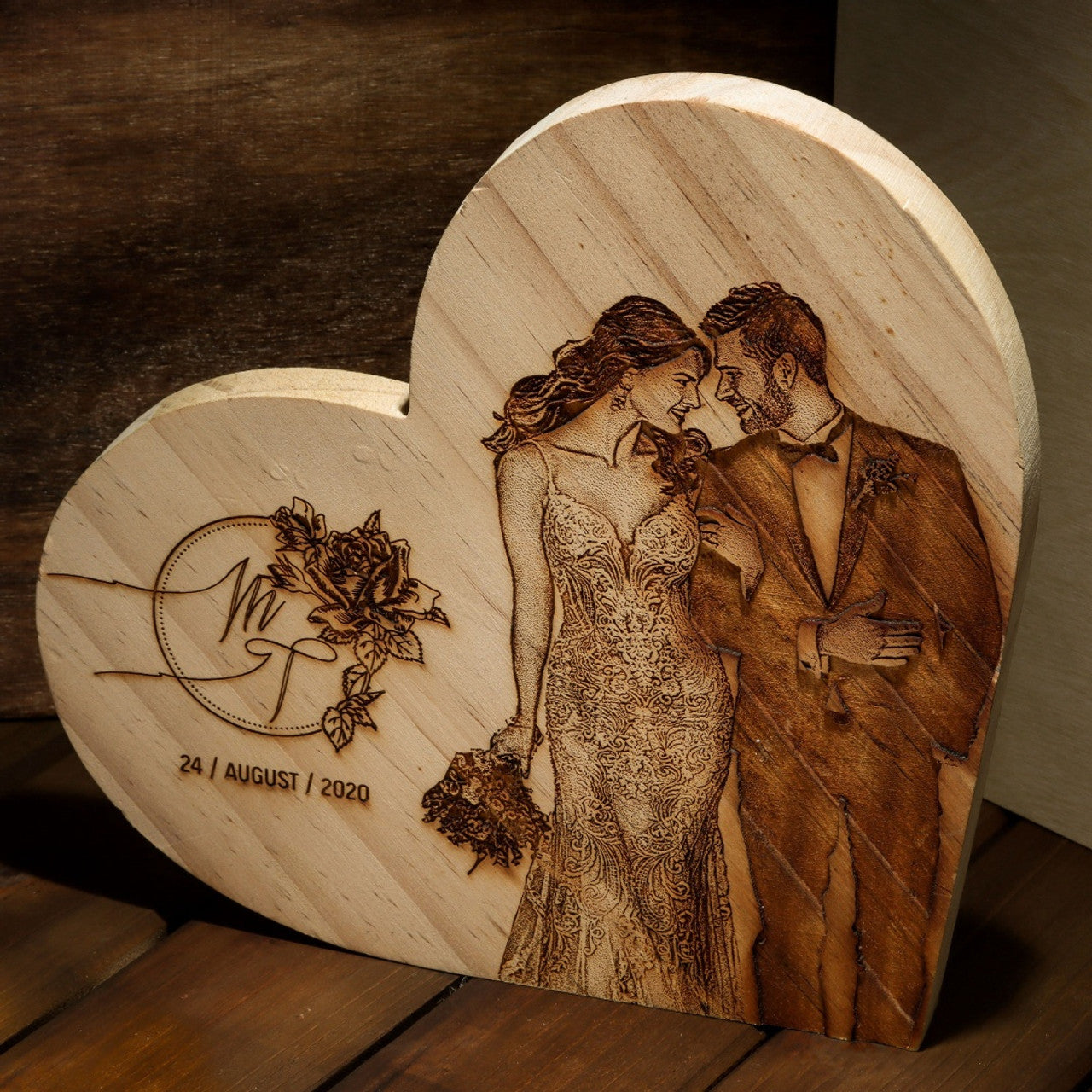 Heart Wood Block - Personalized Photo Engraved Wood Block | Wedding & Anniversary Gift