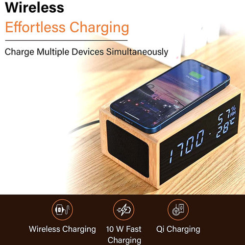 Digital Wooden Alarm Clock With Bluetooth Speaker, Wireless Charging F