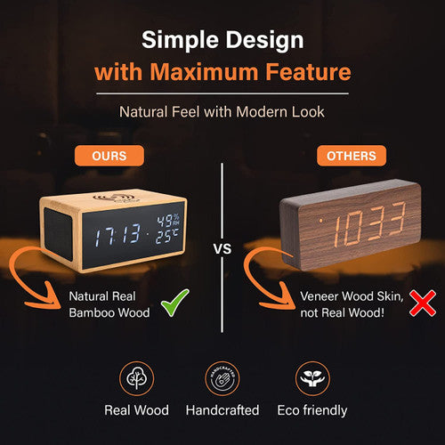 Digital Wooden Alarm Clock With Bluetooth Speaker, Wireless Charging F