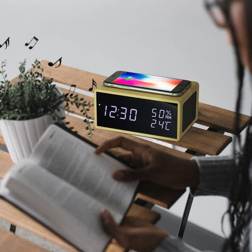 Digital Wooden Alarm Clock With Bluetooth Speaker, Wireless Charging F